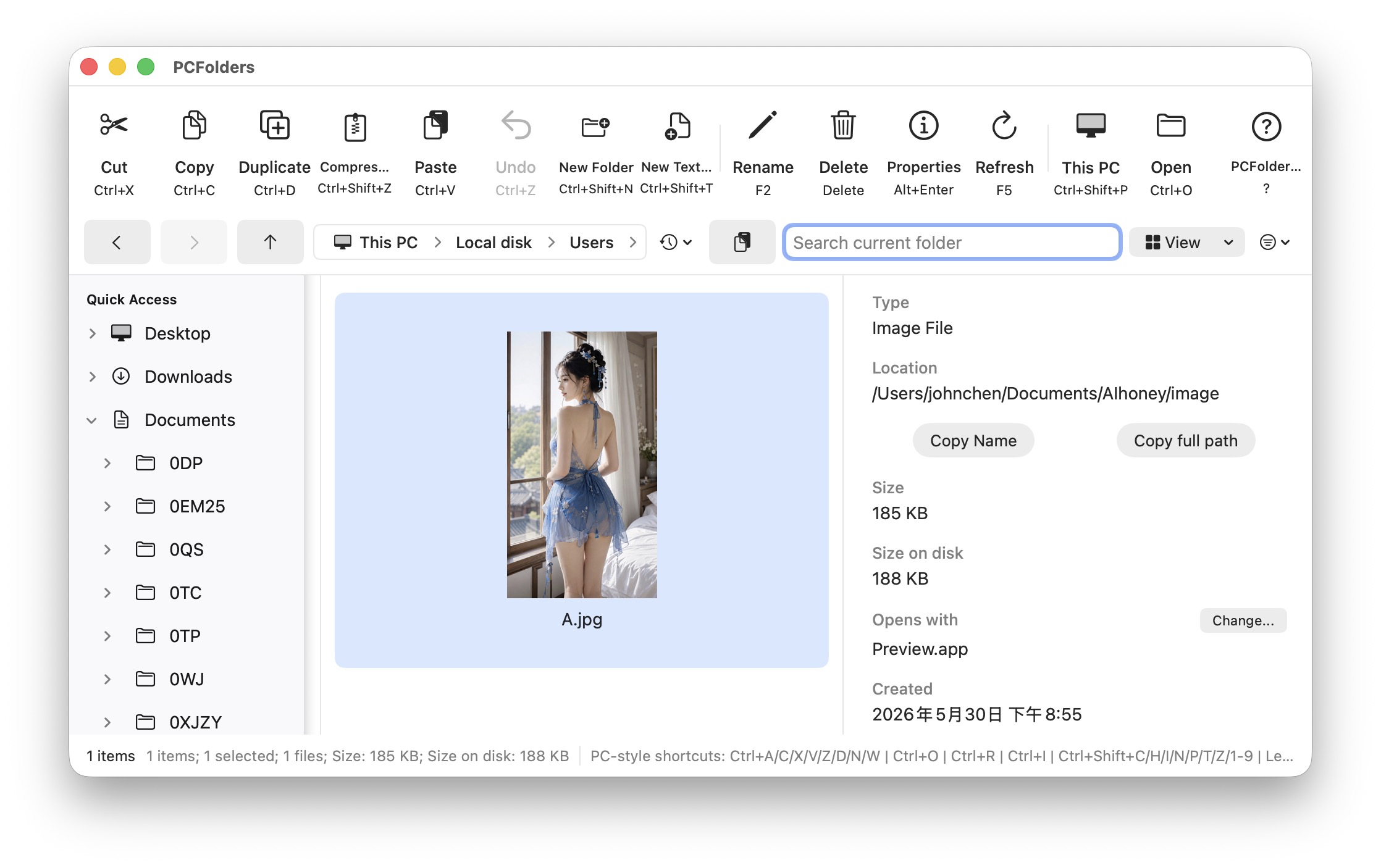 PCFolders for Mac showing a This PC-style file workspace with folders, toolbar, path bar, and preview pane